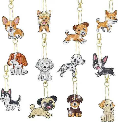 Miniatura 9 de Kit de 12 llaveros de diamante en forma de pata de perro - llaveros de diamante de pata de mascota DIY para principiantes y niños, suministros
