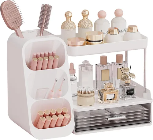 Miniatura 11 de UFORU Organizador de maquillaje para tocador con soporte para pinceles, organizador de cuidado de la piel de gran capacidad para encimera de baño