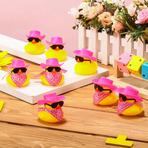 Miniatura 4 de Sosation Juego de 24 mini patos amarillos a granel, patos amarillos, juguete de bañera con sombrero de vaquero, pañuelos de cachemira, gafas de sol