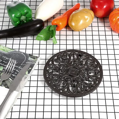 Miniatura 4 de Sumnacon 1 pieza de salvamanteles redondo de hierro fundido - 17 cm de diámetro, salvamanteles de hierro resistente al calor para platos calientes