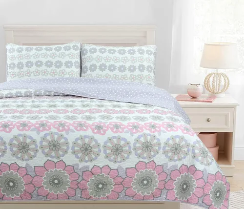 Miniatura 10 de Cozy Line Home Fashions Juego de ropa de cama reversible para niña, color rosa, verde, azul, naranja, colorido, floral, fantasía, colcha