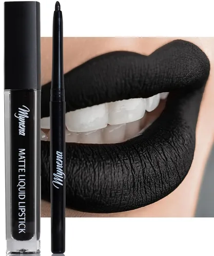 Mynena Combo de lápiz labial negro azabache de larga duración con delineador de labios, impermeable y a prueba de transferencia, cómodo e