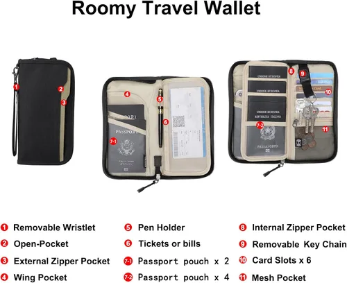 Miniatura 2 de ZOPPEN Cartera de viaje RFID y organizador de documentos con cremallera con correa de muñeca extraíble Cartera RFID