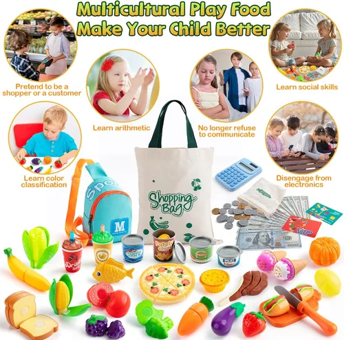 Miniatura 5 de Juegos de comida de juego de simulación para niños pequeños, juego de tienda de comestibles para niños con bolsas de compras, calculadora, cortar