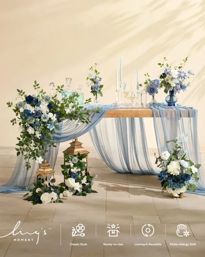 Miniatura 4 de Ling's moment 2 piezas de guirnaldas florales artificiales azul polvoriento, centros de mesa de rosas, decoración de flores de boda, arreglos