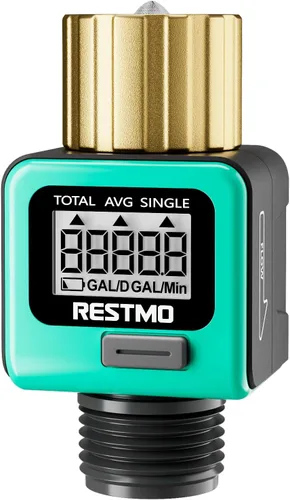 RESTMO Medidor de flujo de agua con rosca metálica de entrada de latón, mide el consumo en galones/litros y la tasa de flujo para riego de manguera