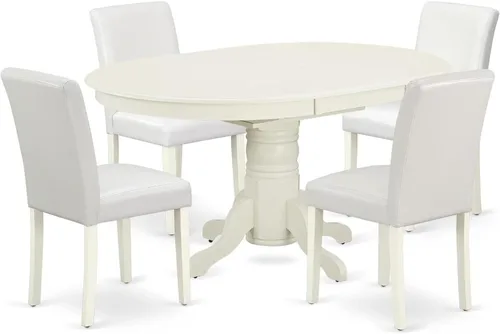 HomeStock El juego de mesa de comedor de 5 piezas incluye una mesa de cocina ovalada con hojas y 4 sillas de comedor Parson de piel sintética