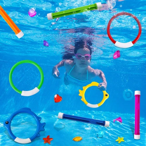 Miniatura 7 de YUJUN 18 piezas de juguetes de buceo y natación para piscina, juegos de verano subacuáticos con peces de piscina, varillas de buceo, anillos, gemas