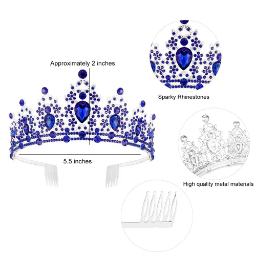 Miniatura 4 de SuPoo Kit de corona y banda de cumpleaños, tiara azul con diamantes de imitación y peine, banda con purpurina, diadema de cristal para mujeres