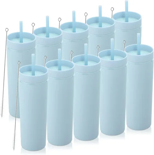 Miniatura 16 de Volhoply Paquete a granel de 4 vasos delgados de plástico de 20 onzas, vaso de doble pared con tapa y popote, taza reutilizable de viaje para café