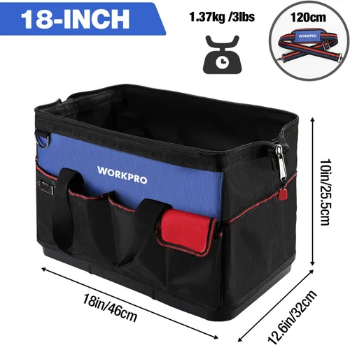 Miniatura 2 de WORKPRO Bolsa de herramientas, bolsa de herramientas de 18 pulgadas con base moldeada impermeable, bolsa organizadora de herramientas de tapa