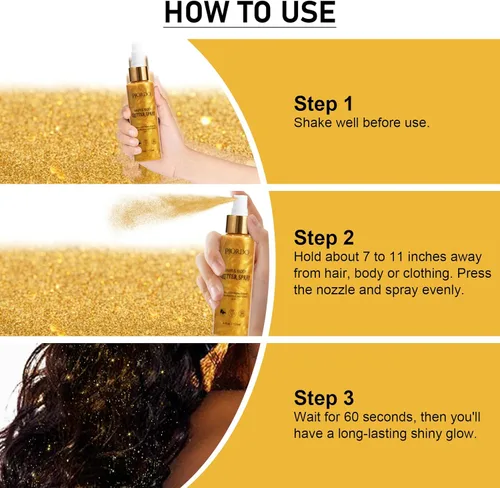 Miniatura 5 de Pjordo Spray de purpurina corporal, spray brillante, purpurina dorada para cabello y cuerpo, spray para el cabello con purpurina, aerosol para Dorado