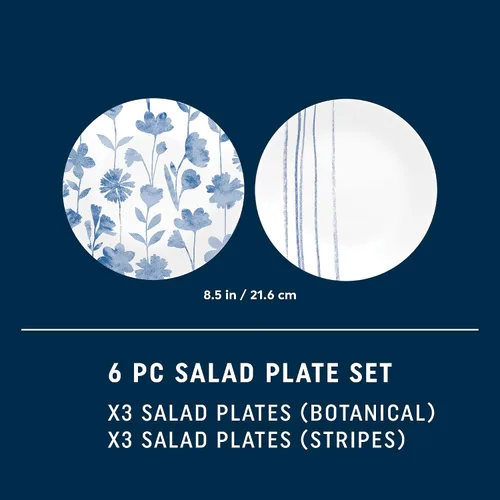 Miniatura 5 de Corelle 6 piezas de platos de vidrio Vitrelle de 8.5" para almuerzo, ligeros, resistentes a los arañazos - Rayas botánicas