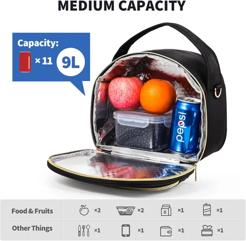 Miniatura 2 de LLEGASTE Bolsa Térmica de Almuerzo Negra Bonita para Mujeres Trabajo, Lonchera Reutilizable para Adultos para Mujeres, Elegante Bolsa Enfriadora