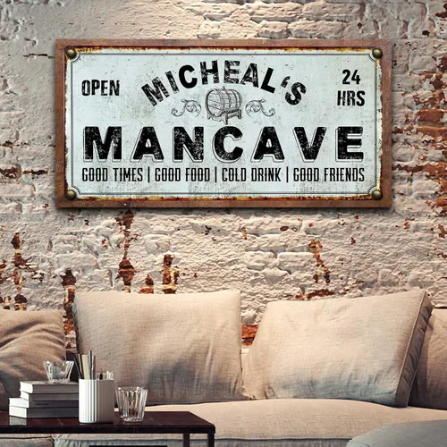 TAILORED CANVASES Letrero de cueva de hombre, decoración artística personalizada para pared, 20 x 10 pulgadas, lienzo, rústico, azul vintage