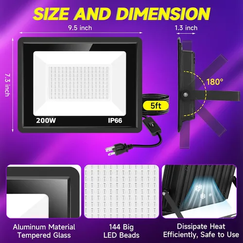 Miniatura 5 de Paquete de 2 luces LED negras de 200 W, IP66 impermeable para exteriores, luz negra con enchufe, interruptor, cable para fiesta de neón brillante