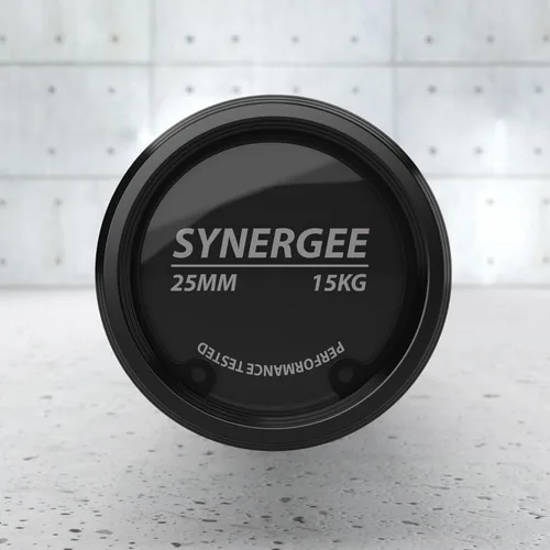 Miniatura 7 de Synergee Games Barras olímpicas recubiertas de cerámica de 15 kg y 20 kg en color. Estimadas en 1500 libras para levantamiento de pesas y potencia.