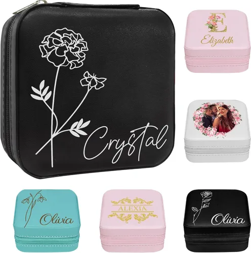 Miniatura 28 de Joyero personalizado para regalos de dama de honor, flor de nacimiento, inicial, joyería de viaje personalizada para mujeres, organizador de joyas