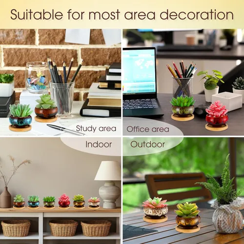 Miniatura 4 de 12 macetas de cerámica para suculentas de 2.5 pulgadas, macetas de jardín con drenaje y bandeja de bambú para plantas de jardín de interior, macetas