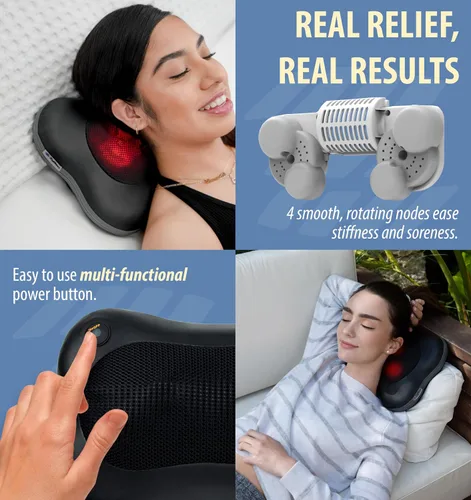 Miniatura 3 de Zyllion Masajeador Shiatsu de espalda y cuello con calor - Almohada de masaje eléctrico de amasado de tejido profundo 3D para alivio del dolor Negro