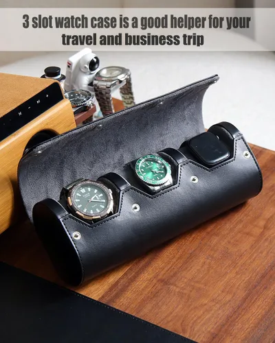 Miniatura 2 de Caja organizadora de relojes para hombre, rollo de viaje, portátil, 3 relojes, almacenamiento con secciones de terciopelo para sostener reloj grande