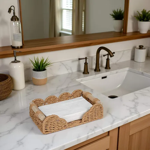 Miniatura 7 de CubesLand Servilletero festoneado para decoración de baño, dispensador de servilletas plano de cuerda de papel, bandeja para toallas de invitados