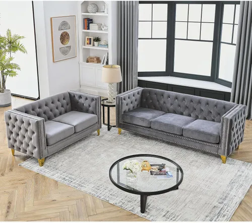 Miniatura 18 de mikibama Sofá de 3 plazas de terciopelo de 80.5 pulgadas para sala de estar, sofás de 3 asientos con botones copetudos con bordes de clavos, sofás