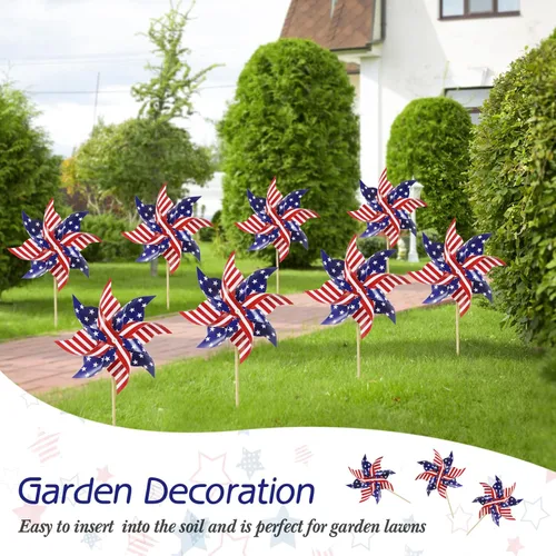 Miniatura 2 de HOOSUN 12 piezas de molinillos patrióticos con bandera americana para patio y jardín, molinillos rojos blancos y azules decorativos patrióticos