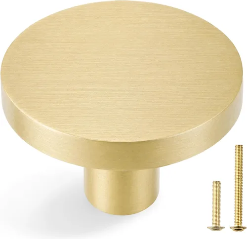 Miniatura 10 de QOGRISUN Paquete de 25 pomos dorados para gabinete, pomos de latón macizo para cajones de tocador, accesorios de cocina redondos de latón cepillado