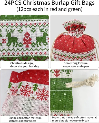 Miniatura 5 de Jexila 24 bolsas de regalo de arpillera de Navidad de 4 x 6 pulgadas, reutilizables, pequeñas bolsas de dulces con cordón de Navidad para niños
