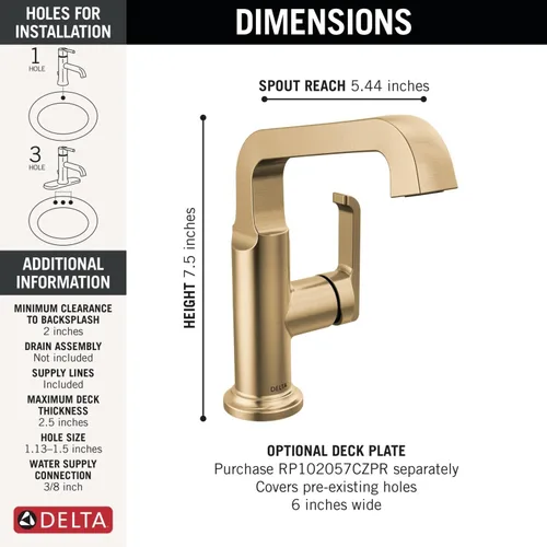 Miniatura 3 de Delta Tetra Lumicoat - Grifo de baño dorado cepillado de altura media de 1 agujero, grifo de lavabo de baño de un solo orificio para tocador, bronce