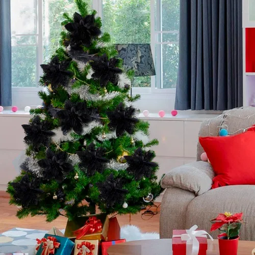 Miniatura 6 de Flores de Pascua de Navidad plateadas, paquete de 24 flores de seda con purpurina para adornos de árbol de Navidad, coronas de Navidad, guirnaldas