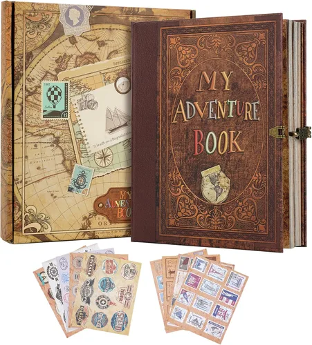 Miniatura 12 de Álbum de fotos para álbumes de recortes Nuestro Libro de Aventura, libro de memorias de cuero con palabras en relieve en 3D con 80 páginas