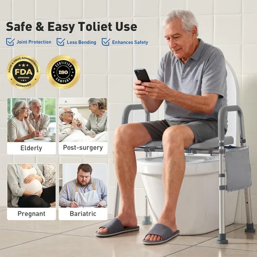 Miniatura 2 de WHLICKS Asiento elevado para inodoro con asas – Asiento elevado de ancho ajustable, cómodos elevadores de asiento de inodoro acolchados para Gris