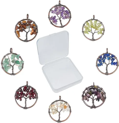 Miniatura 7 de SUNNYCLUE 8 dijes de árbol de la vida, piedras preciosas de cristal de cuarzo, planas, redondas, con agujero para joyería y pulsera, chakras, collar