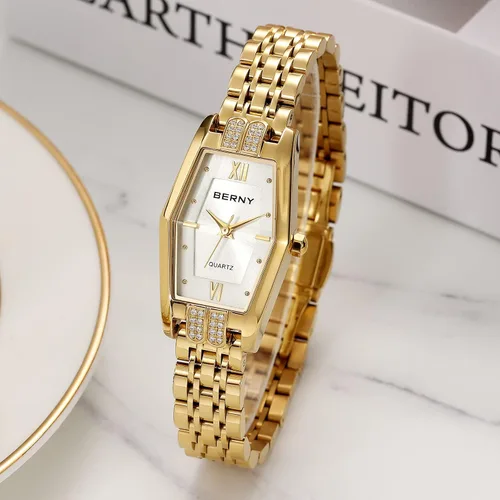 Miniatura 4 de BERNY Relojes de oro para mujer, delicado hexágono, reloj de pulsera de cuarzo para mujer, correa de acero inoxidable, reloj analógico de moda