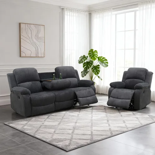 Miniatura 34 de Juego de sofá modular reclinable manual para sala de estar, sofá reclinable en forma de L, seccional de cuero con portavasos/almacenamiento