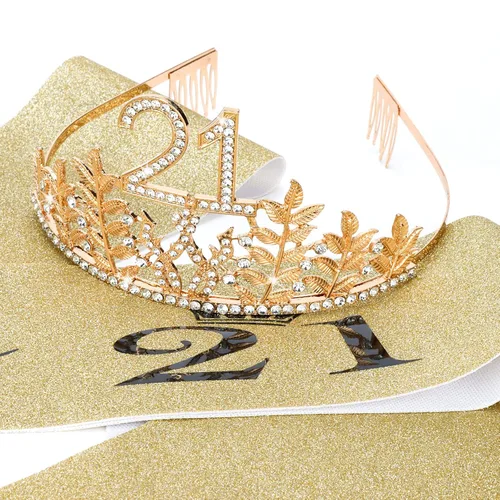 Miniatura 6 de Banda y tiara dorada de cumpleaños número 21, decoraciones y decoración para tartas, corona de finalmente 21