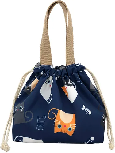 Mini Bolsa Tote de Almuerzo Reutilizable Pequeña Linda con Cordón Adecuada para Niñas Mujeres Gato Azul
