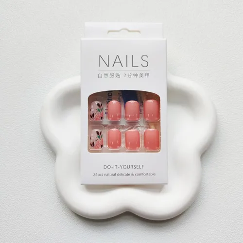 Miniatura 5 de Uñas postizas a presión de otoño, uñas postizas cuadradas cortas de cobertura completa con diseño de flores rosas, lindas uñas acrílicas brillantes