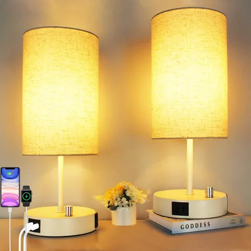 Miniatura 10 de HiBay Lámpara de mesita de noche regulable de 17.75 pulgadas con estación de carga, 2 puertos USB y salida de CA, luz rústica de grano de madera