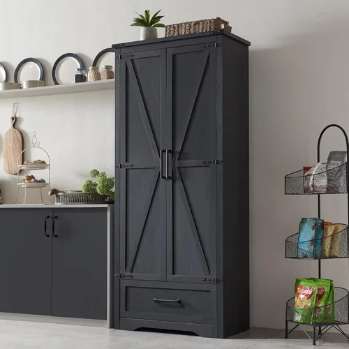 Armario de despensa de cocina de granja – Armarios de almacenamiento de cocina de madera grandes de 72 pulgadas de alto con estantes ajustables y 2
