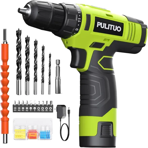 PULITUO Juego de taladro inalámbrico de 12 V verde, kit de taladro eléctrico con batería y cargador, taladro eléctrico para mejoras del hogar,