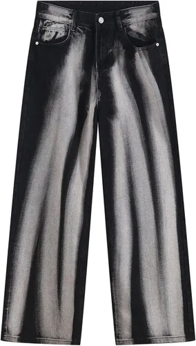 Harajuku Hip Hop - Pantalones de mezclilla para hombre, ropa urbana con diseño de llama, cruz, bloques de color, pantalones casuales, pantalones