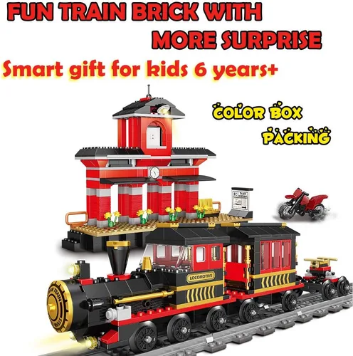Miniatura 5 de Bloques de construcción, 583 piezas, juego de tren clásico con construcción de estación, ladrillo educativo, juguetes de aprendizaje para niños