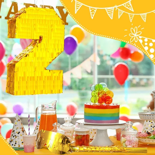 Miniatura 6 de Sratte Piñata - Decoraciones de fiesta de cumpleaños, piñata de lámina dorada con palo, confeti para niños y niñas, cumpleaños, aniversario