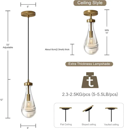 Miniatura 7 de Juego de lámparas colgantes Joyunleo en forma de gota de lluvia, lámparas colgantes de latón y vidrio, luces colgantes en forma de lágrima para isla
