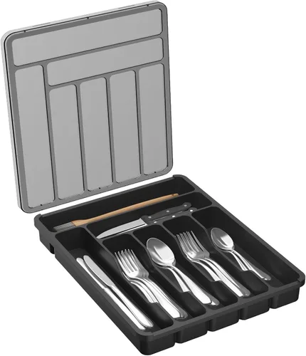 Lifewit Organizador de cubiertos con tapa, bandeja de utensilios cubierta para cajón de cocina y encimera, caja de almacenamiento de cubiertos y