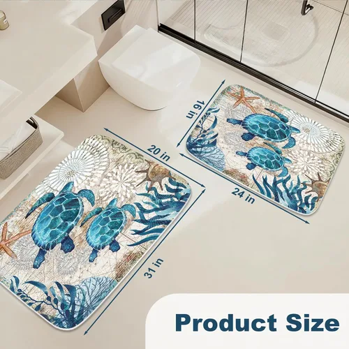 Miniatura 2 de Alfombra de baño de terciopelo coral con diseño náutico de tortugas marinas, animales de playa, tapete de ducha antideslizante para baño de océano