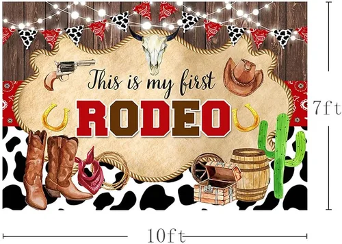 Miniatura 5 de AIBIIN Fondo de 10 x 7 pies con texto en inglés "My First Rodeo", para primer cumpleaños, fotografía de vaquero occidental, estampado de vaca, Marrón
